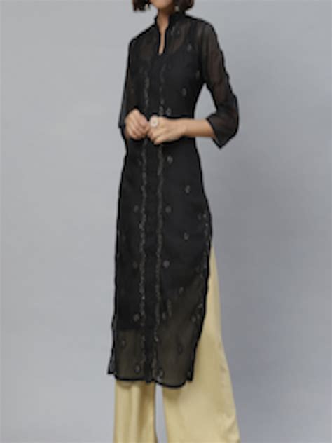 black chikan|Ada Indian Hand Embroidered Chikankari Straight Cotton Kurta。